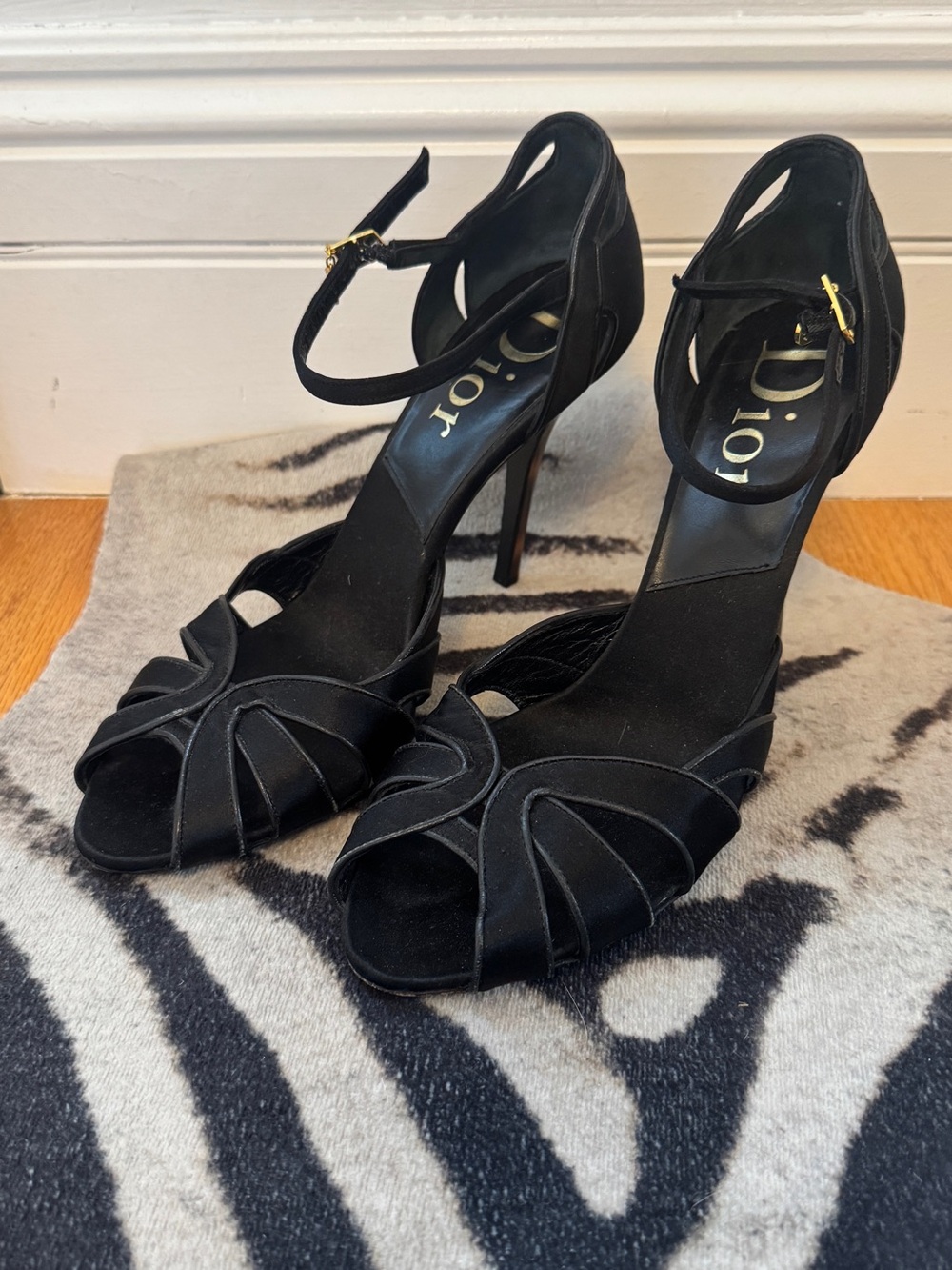 Christian Dior Black Satin Peep-Toe Ankle-Strap Heels Gold Buckle Tortoise Heels